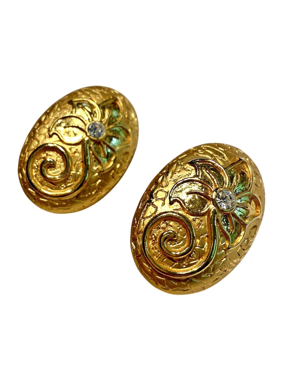 Clip On Earrings Chunky Gold Textured Ovals Y2K Boss Lady Mod Floral Rhinestones